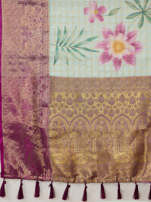 Turquoise Munga Silk Digital Print Floral Saree with Unstitched Blouse - Hiral Fashion | Swadesiicart