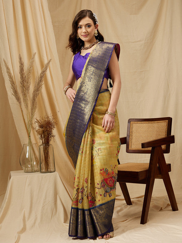 Yellow Munga Silk Digital Print Floral Saree with Unstitched Blouse - Hiral Fashion | Swadesiicart