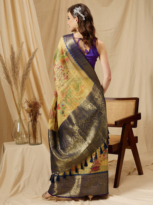 Yellow Munga Silk Digital Print Floral Saree with Unstitched Blouse - Hiral Fashion | Swadesiicart