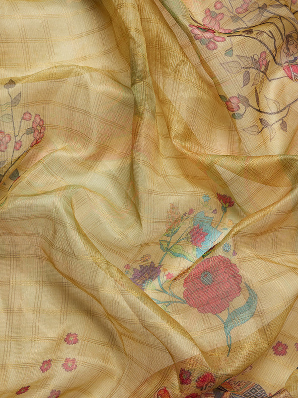 Yellow Munga Silk Digital Print Floral Saree with Unstitched Blouse - Hiral Fashion | Swadesiicart