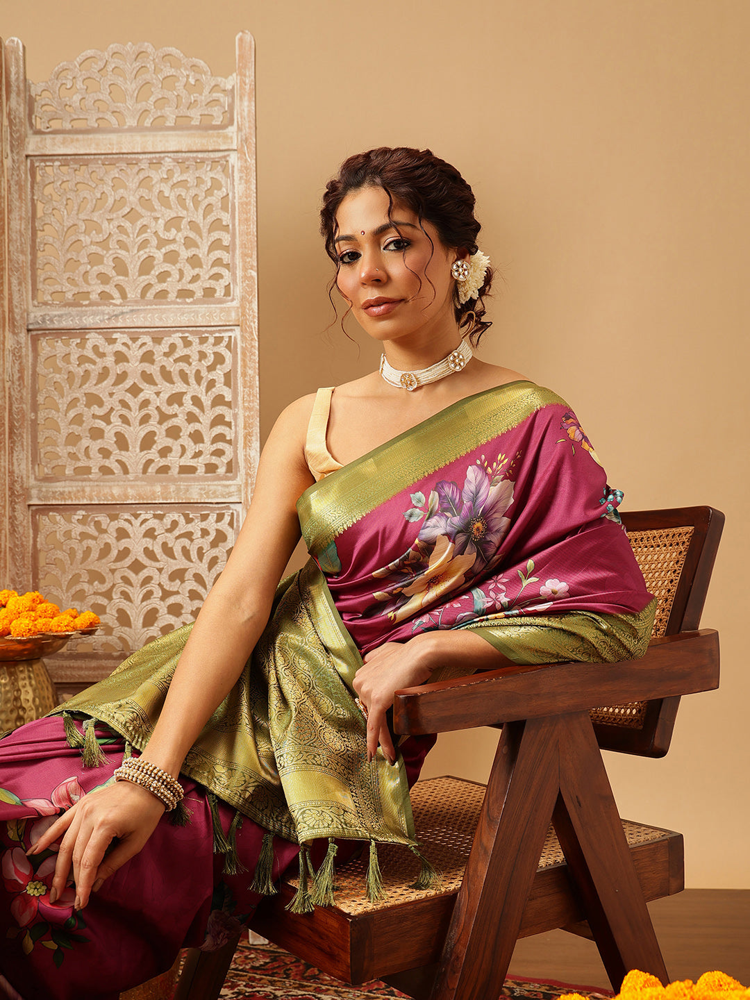 Hiral Fashion Pink Banarasi Silk Floral Digital Printed Saree | Swadesiicart
