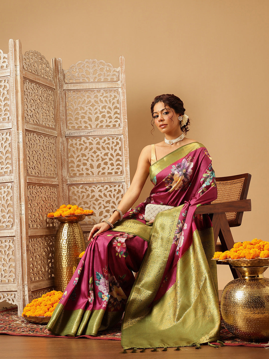 Hiral Fashion Pink Banarasi Silk Floral Digital Printed Saree | Swadesiicart