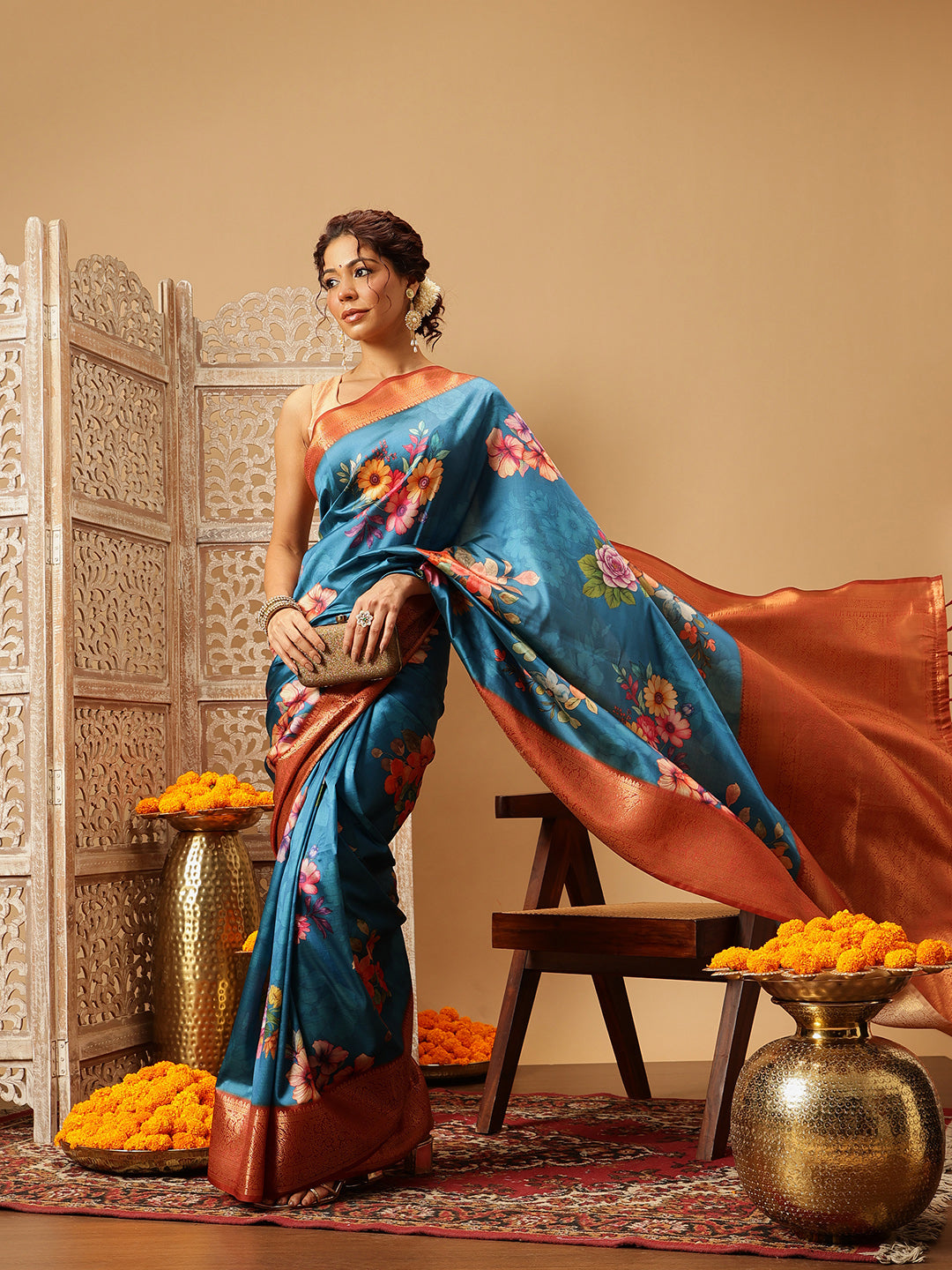 Hiral Fashion Teal Banarasi Silk Floral Digital Printed Saree | Swadesiicart