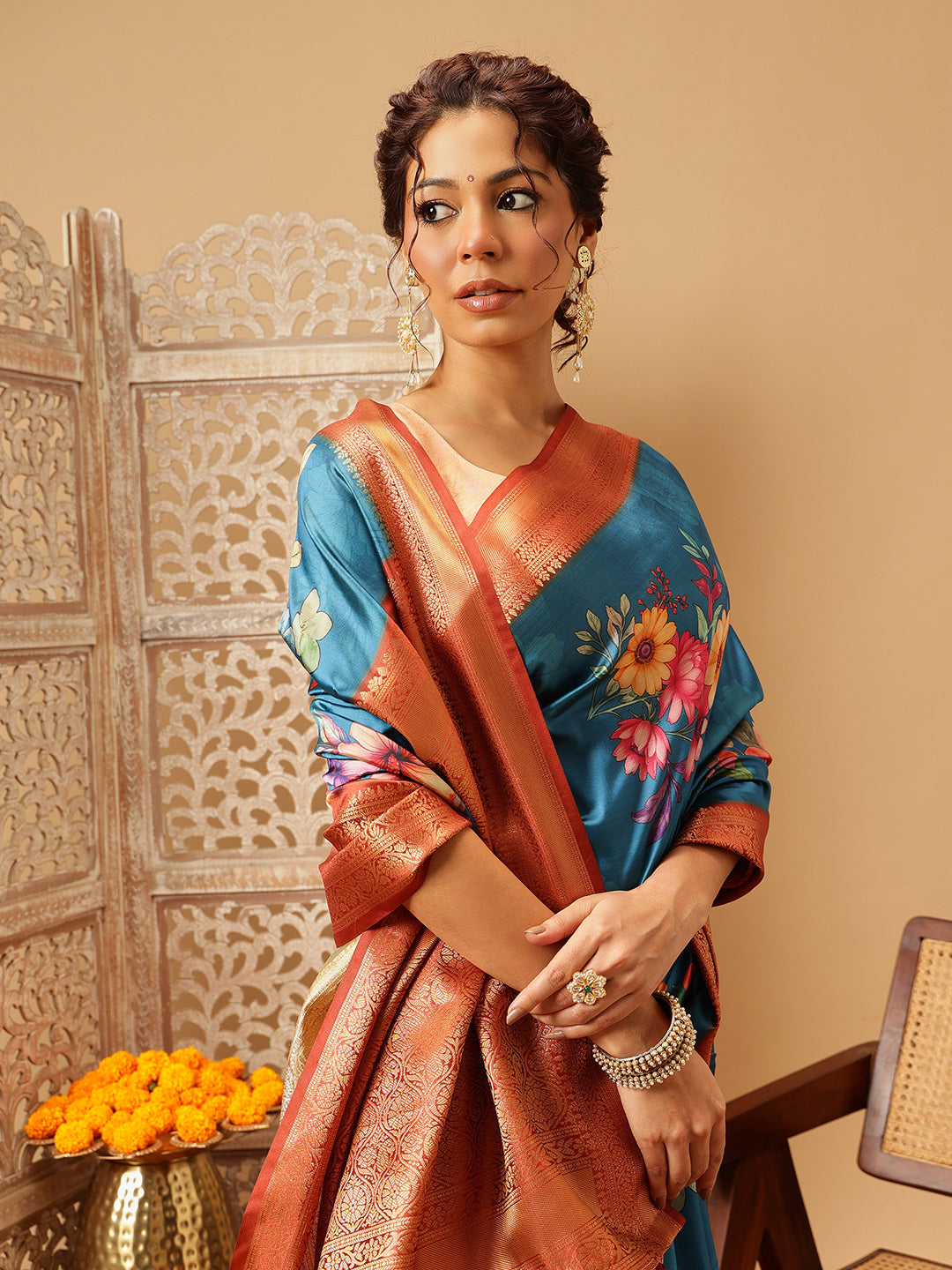 Hiral Fashion Teal Banarasi Silk Floral Digital Printed Saree | Swadesiicart