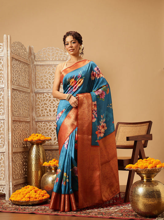 Hiral Fashion Teal Banarasi Silk Floral Digital Printed Saree | Swadesiicart