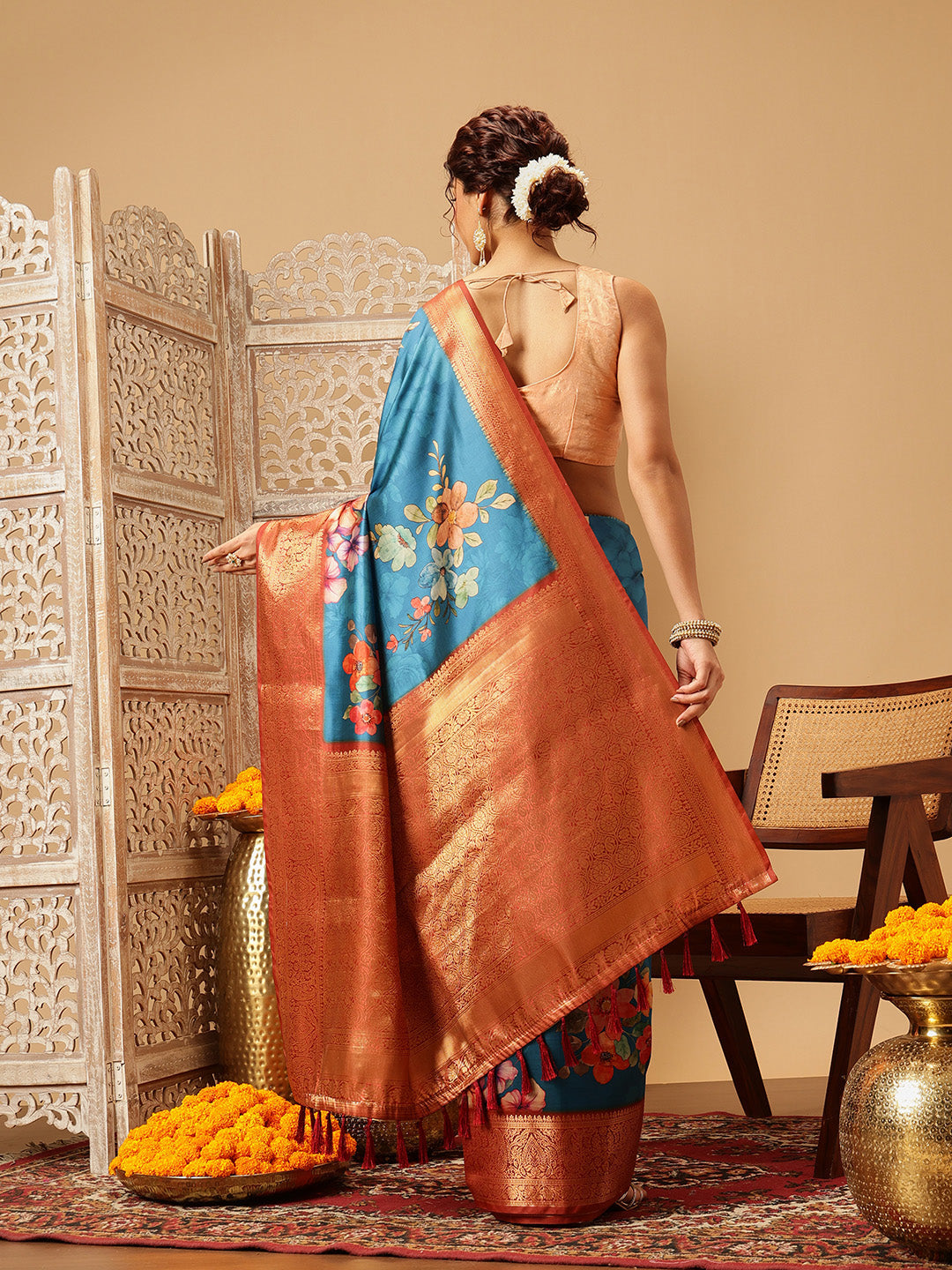 Hiral Fashion Teal Banarasi Silk Floral Digital Printed Saree | Swadesiicart