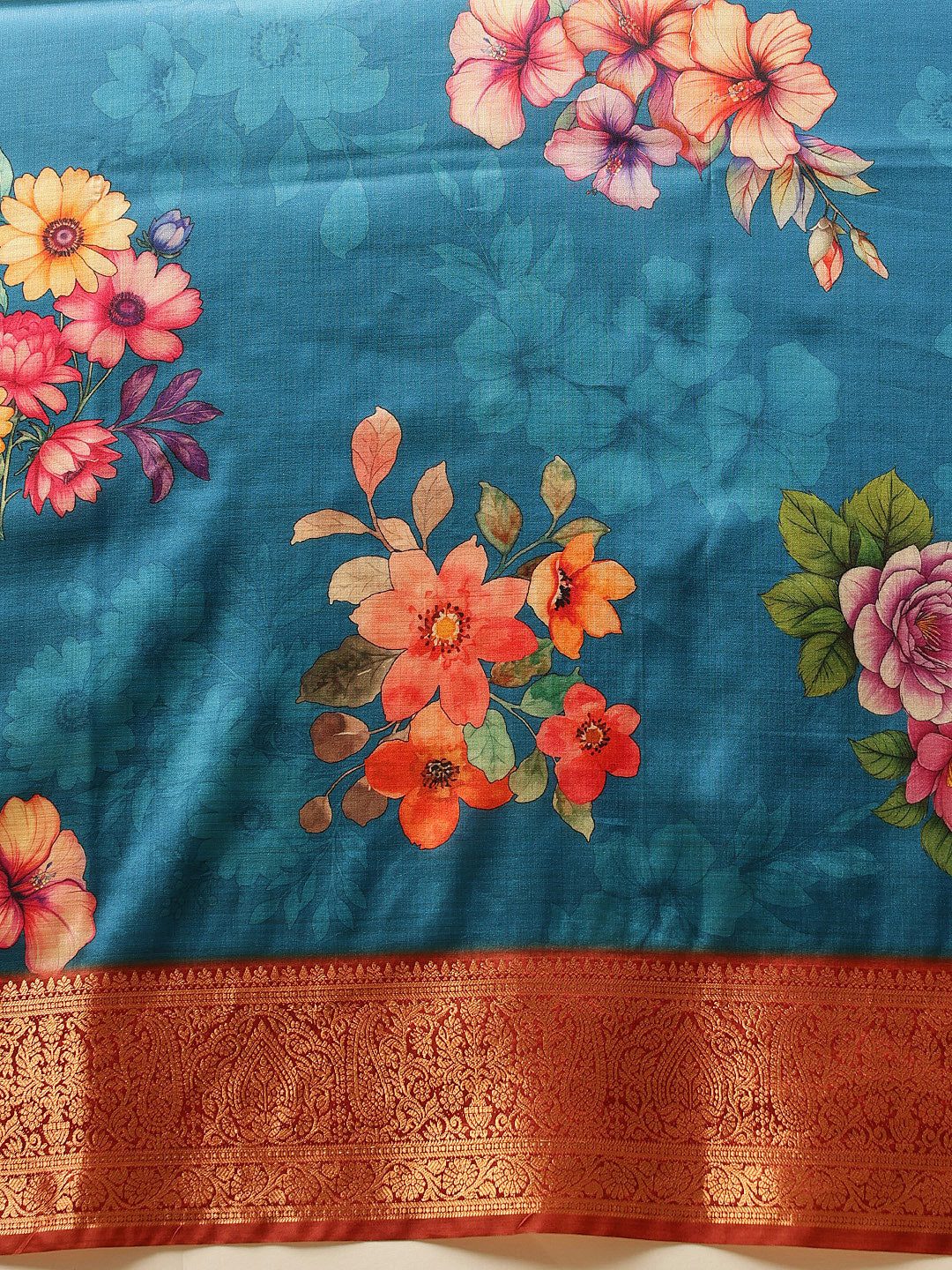 Hiral Fashion Teal Banarasi Silk Floral Digital Printed Saree | Swadesiicart
