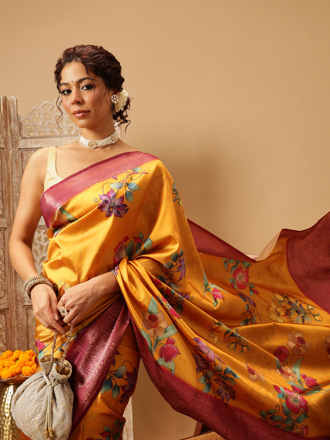 Hiral Fashion Mustard Banarasi Silk Floral Digital Printed Saree | Swadesiicart