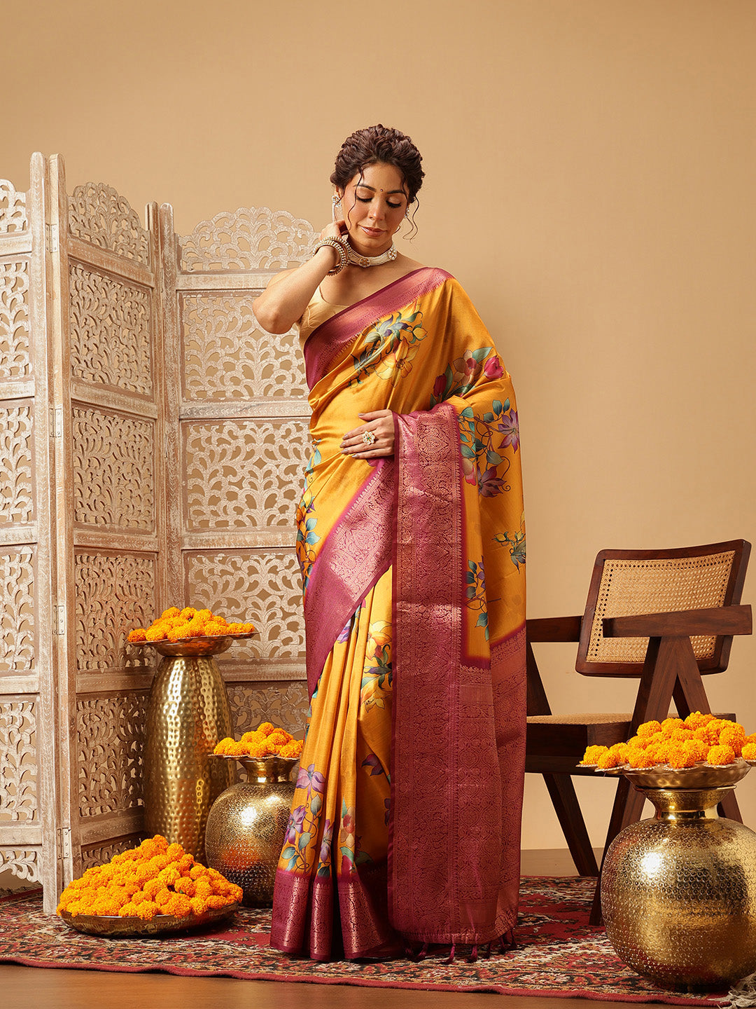Hiral Fashion Mustard Banarasi Silk Floral Digital Printed Saree | Swadesiicart