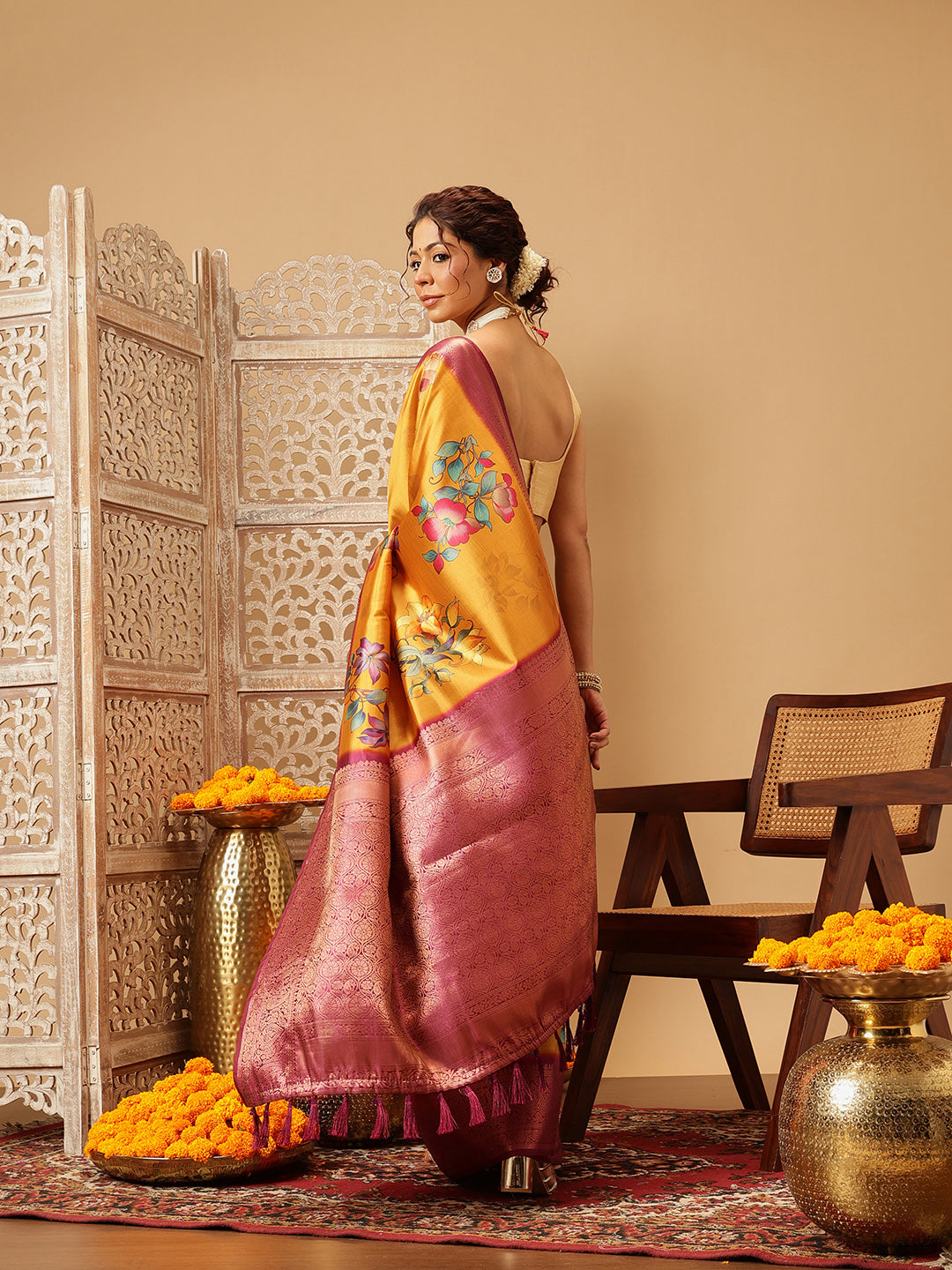 Hiral Fashion Mustard Banarasi Silk Floral Digital Printed Saree | Swadesiicart