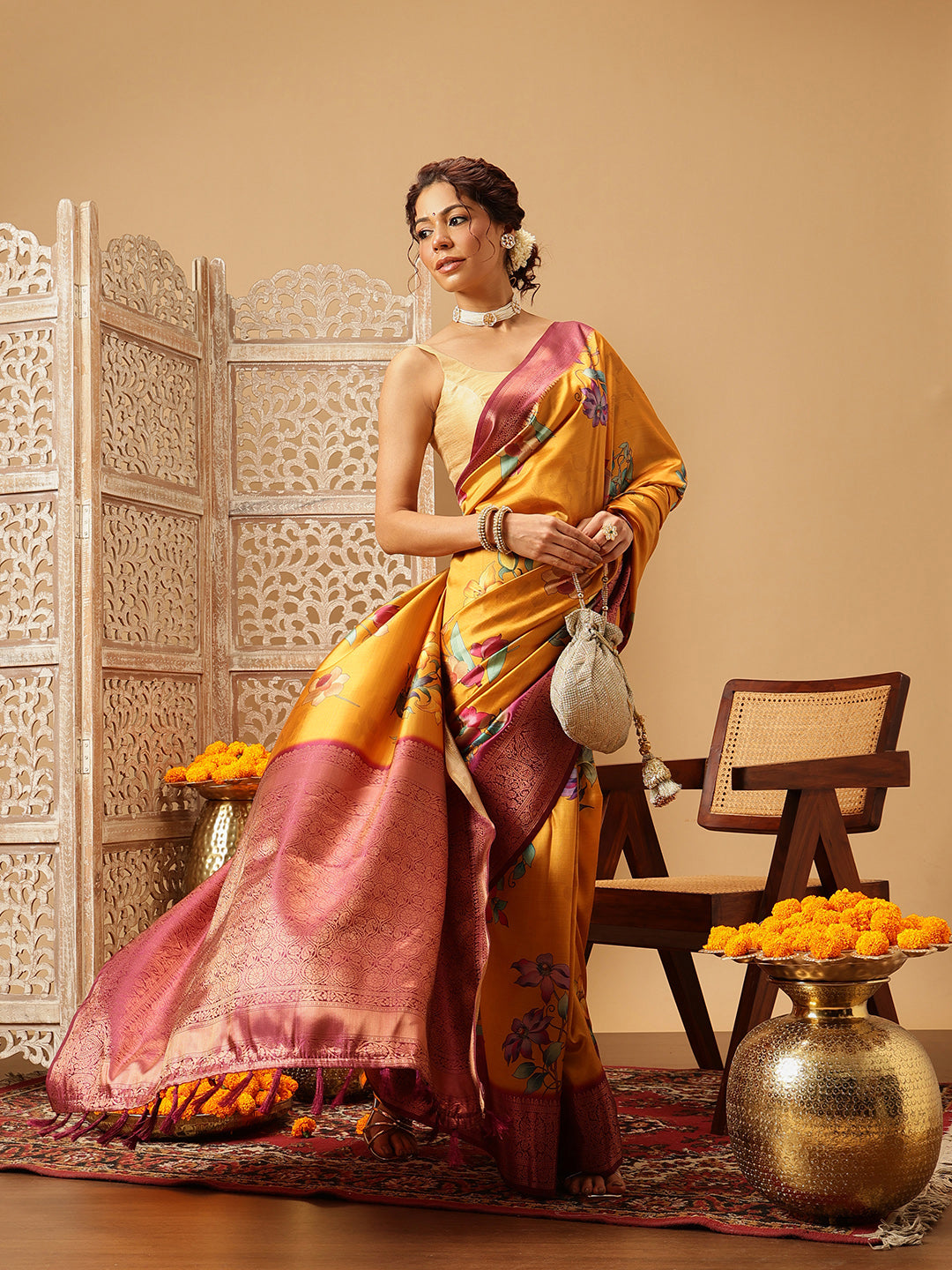 Hiral Fashion Mustard Banarasi Silk Floral Digital Printed Saree | Swadesiicart