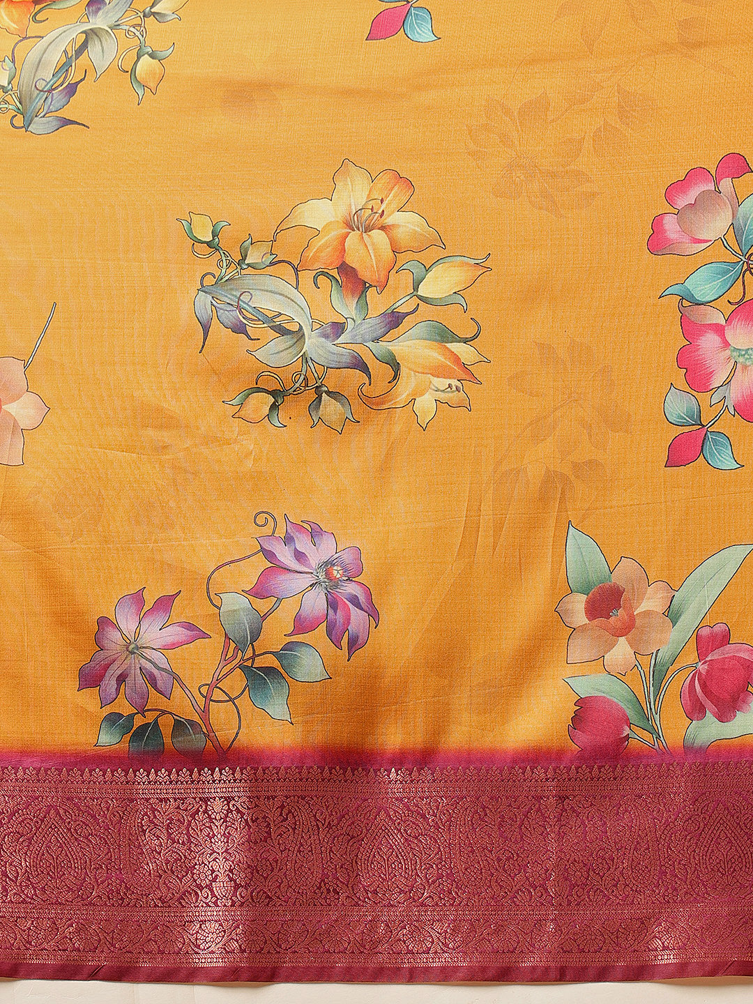 Hiral Fashion Mustard Banarasi Silk Floral Digital Printed Saree | Swadesiicart