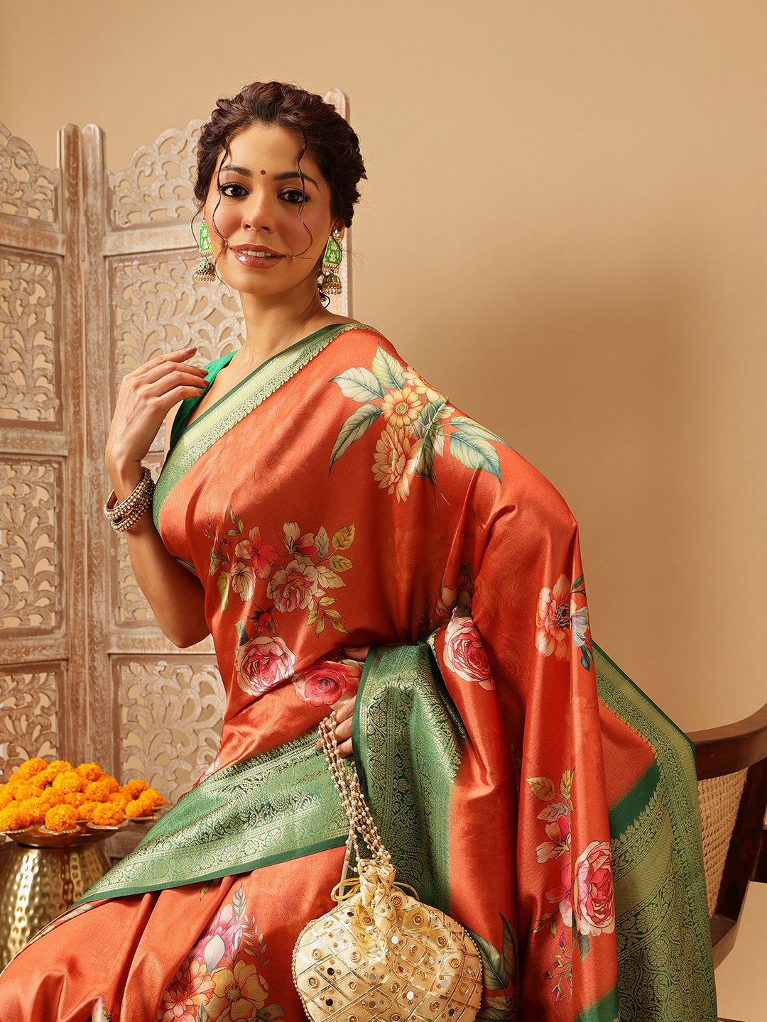 Hiral Fashion Orange Banarasi Silk Floral Digital Printed Saree | Swadesiicart