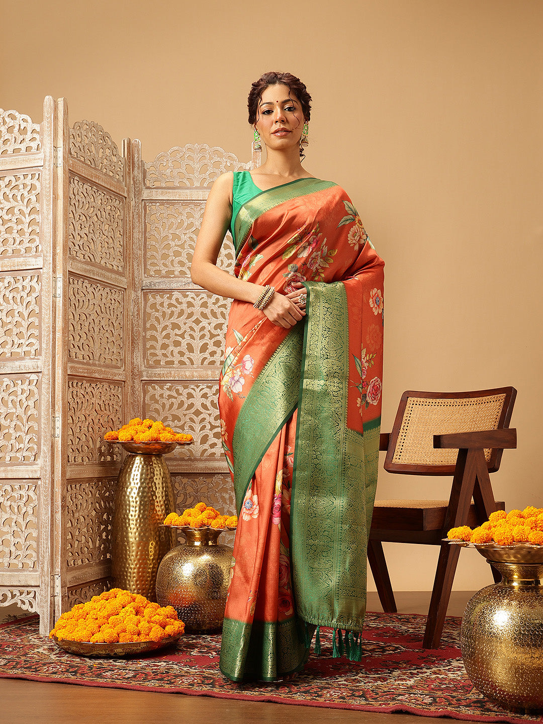 Hiral Fashion Orange Banarasi Silk Floral Digital Printed Saree | Swadesiicart