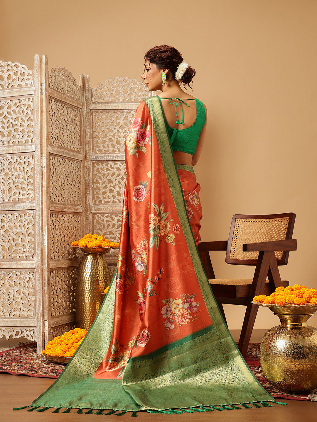 Hiral Fashion Orange Banarasi Silk Floral Digital Printed Saree | Swadesiicart