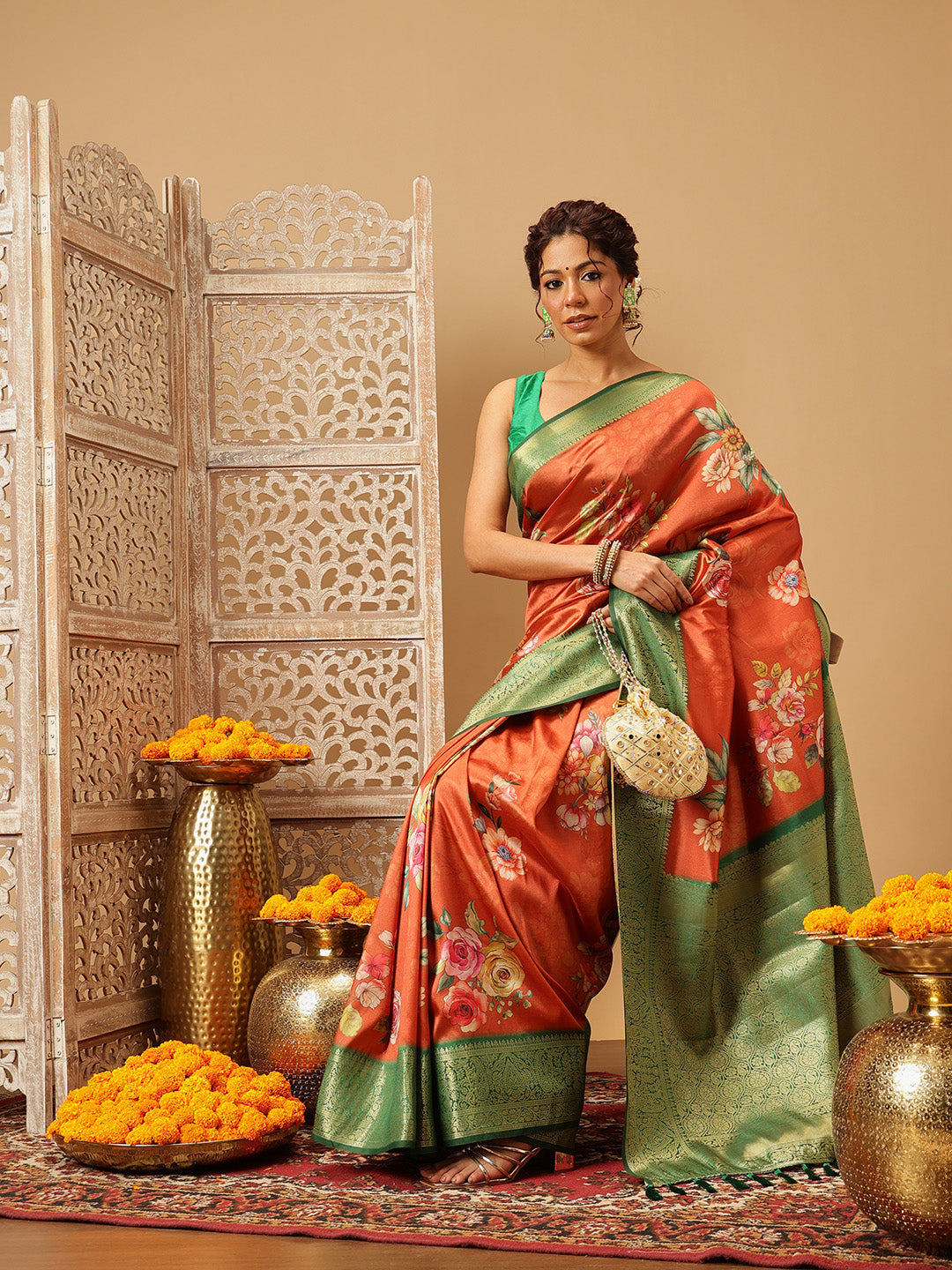 Hiral Fashion Orange Banarasi Silk Floral Digital Printed Saree | Swadesiicart
