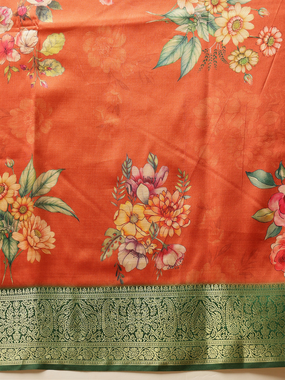 Hiral Fashion Orange Banarasi Silk Floral Digital Printed Saree | Swadesiicart