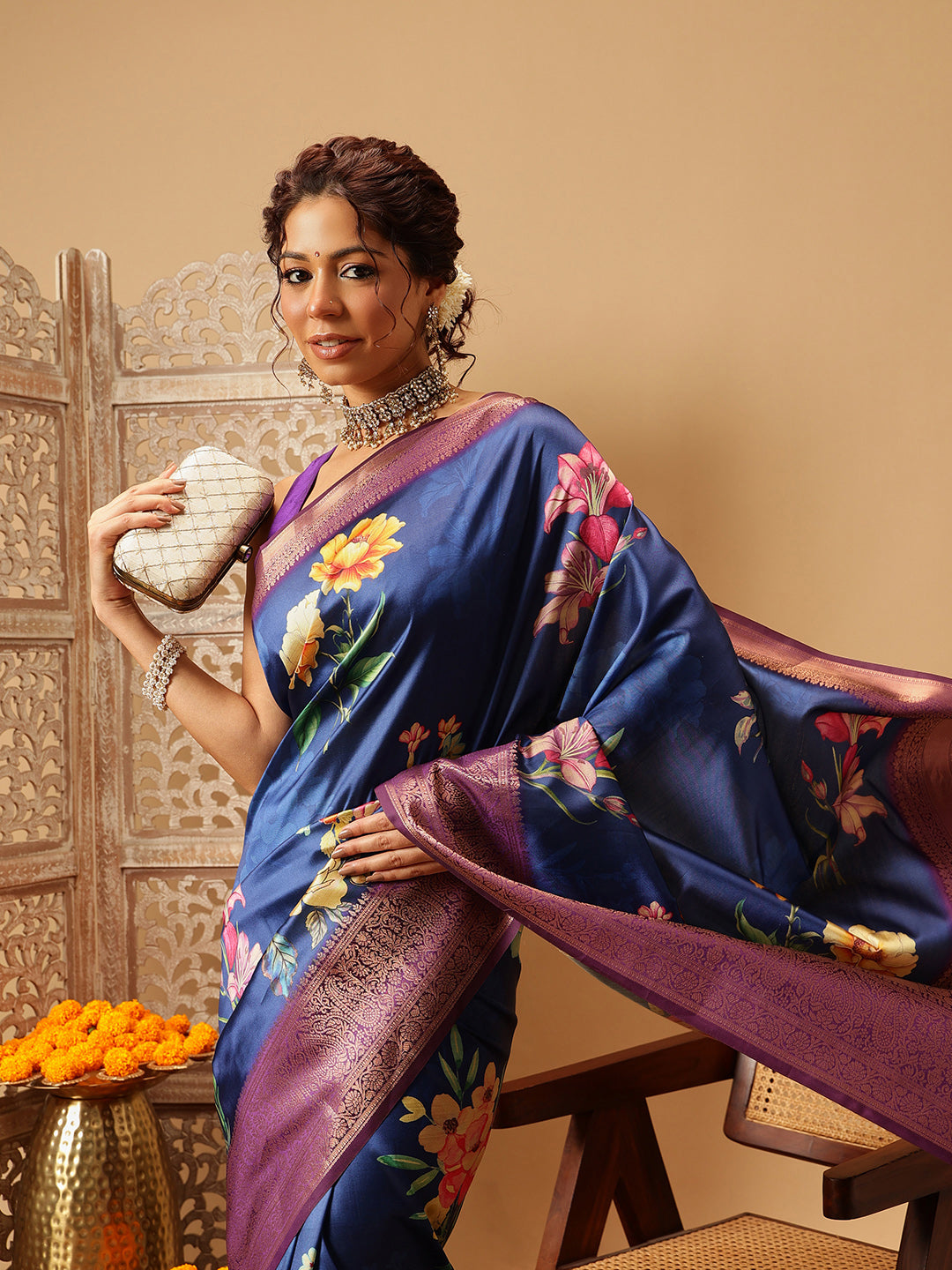 Hiral Fashion Navy Blue Banarasi Silk Floral Digital Printed Saree | Swadesiicart