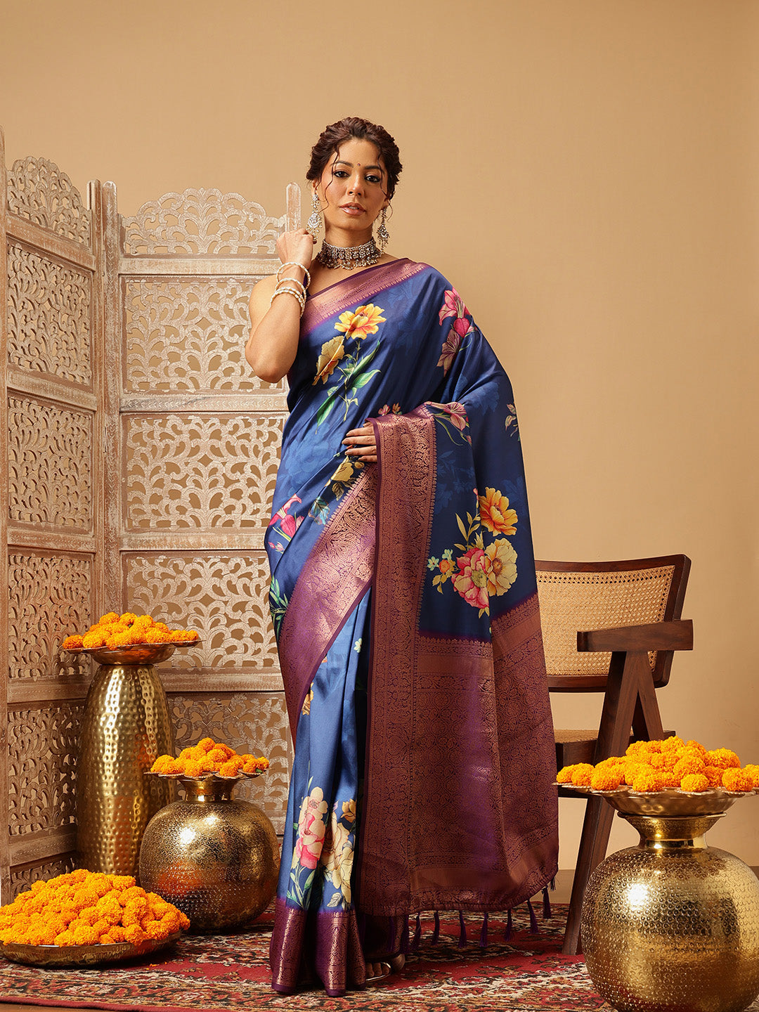 Hiral Fashion Navy Blue Banarasi Silk Floral Digital Printed Saree | Swadesiicart