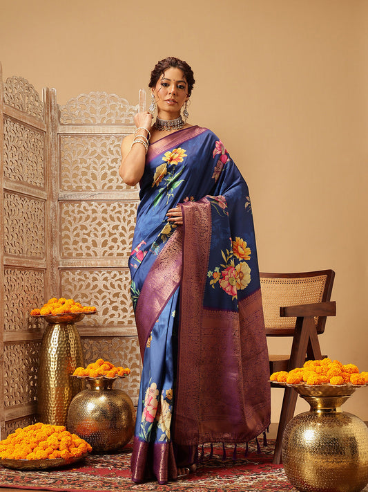 Hiral Fashion Navy Blue Banarasi Silk Floral Digital Printed Saree | Swadesiicart