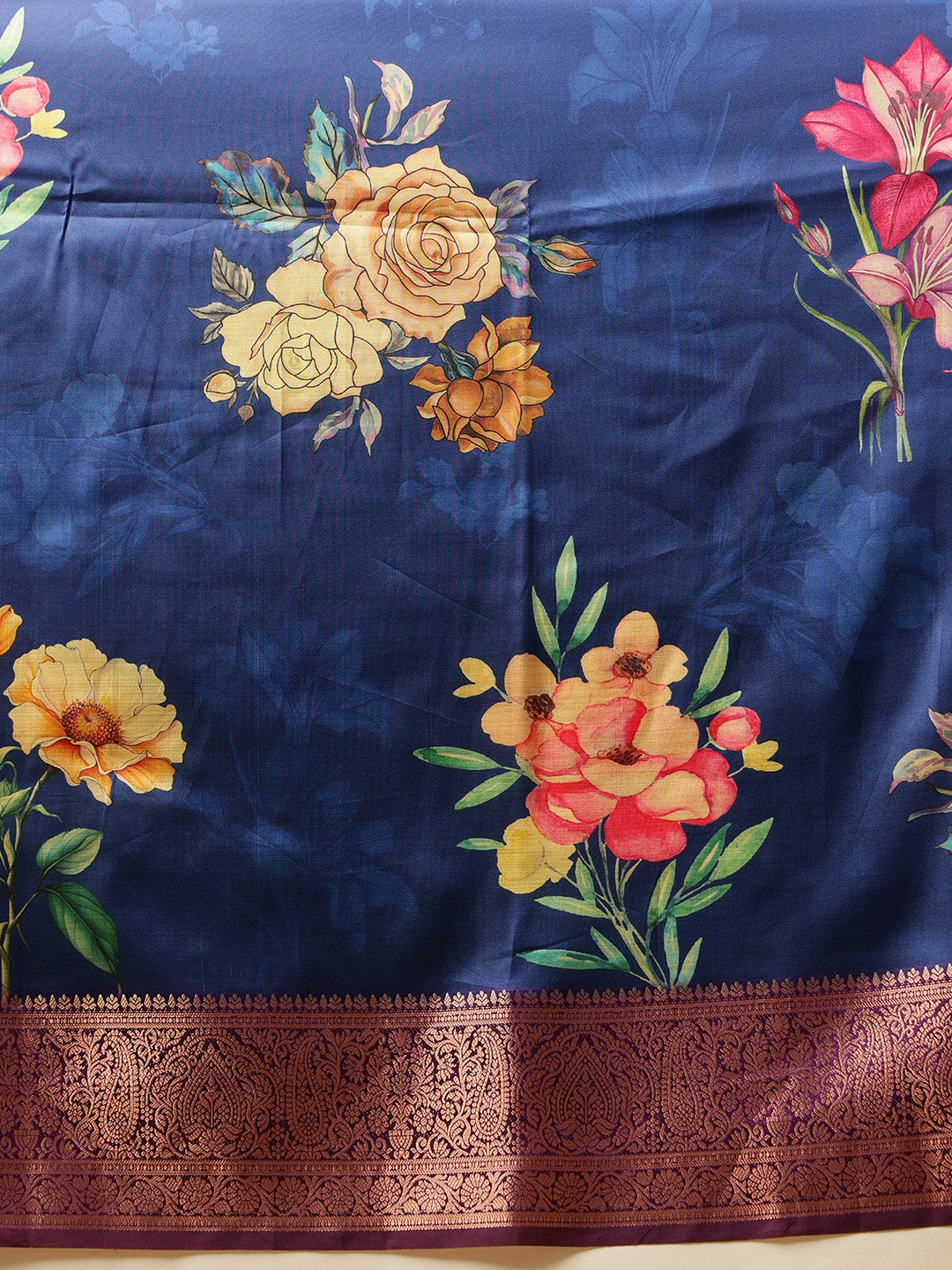 Hiral Fashion Navy Blue Banarasi Silk Floral Digital Printed Saree | Swadesiicart