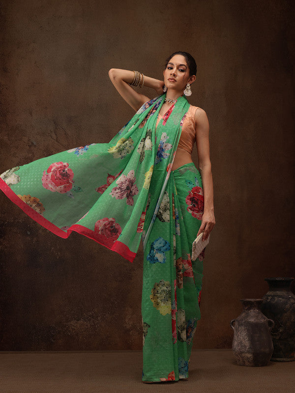 Green Chiffon Digital Print Floral Saree with Unstitched Blouse - Hiral Fashion | Swadesiicart
