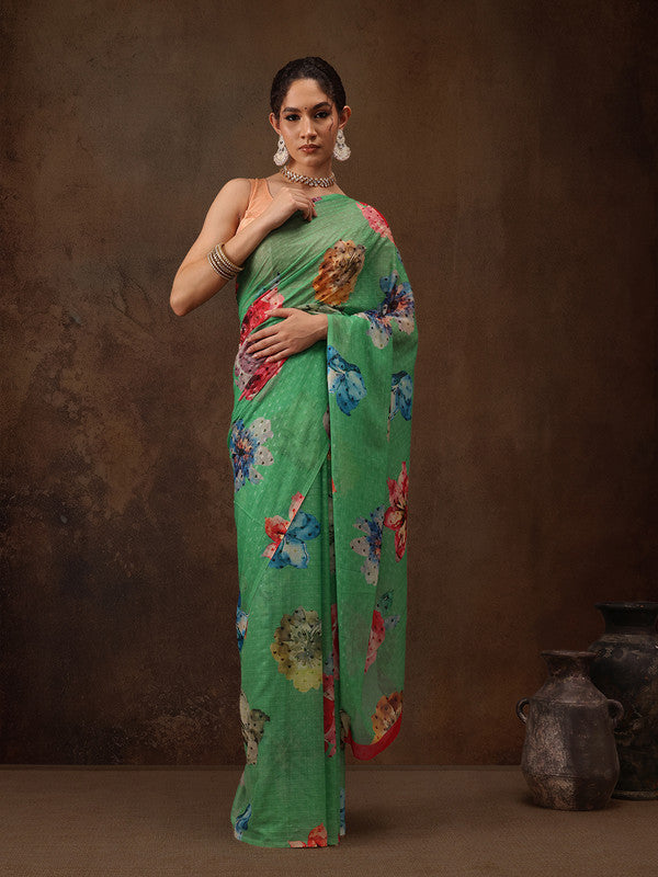 Green Chiffon Digital Print Floral Saree with Unstitched Blouse - Hiral Fashion | Swadesiicart