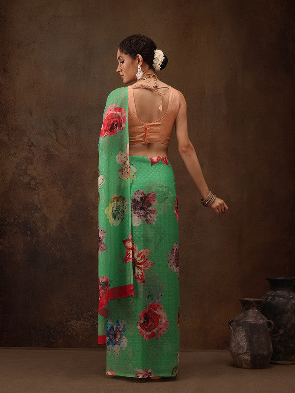 Green Chiffon Digital Print Floral Saree with Unstitched Blouse - Hiral Fashion | Swadesiicart