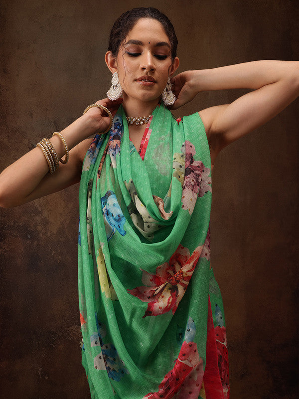 Green Chiffon Digital Print Floral Saree with Unstitched Blouse - Hiral Fashion | Swadesiicart
