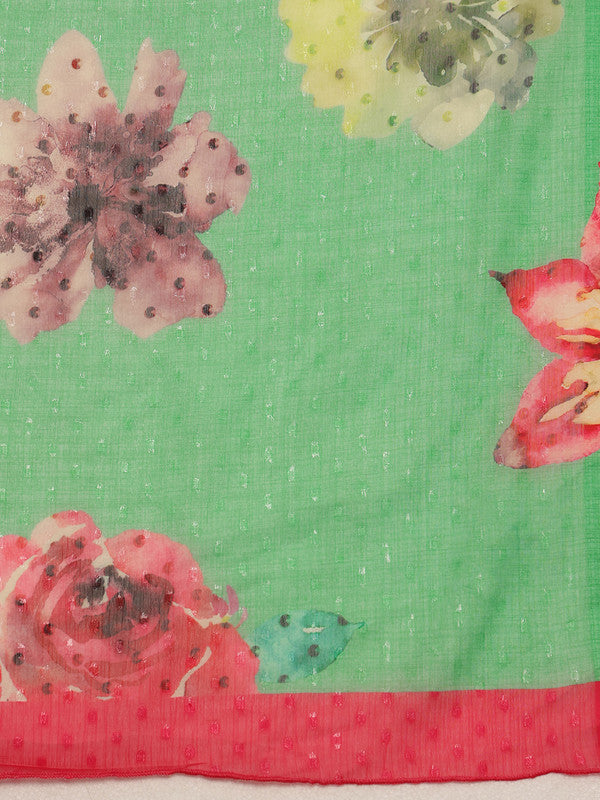 Green Chiffon Digital Print Floral Saree with Unstitched Blouse - Hiral Fashion | Swadesiicart
