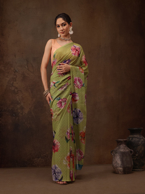 Olive Chiffon Digital Print Floral Saree with Unstitched Blouse - Hiral Fashion | Swadesiicart
