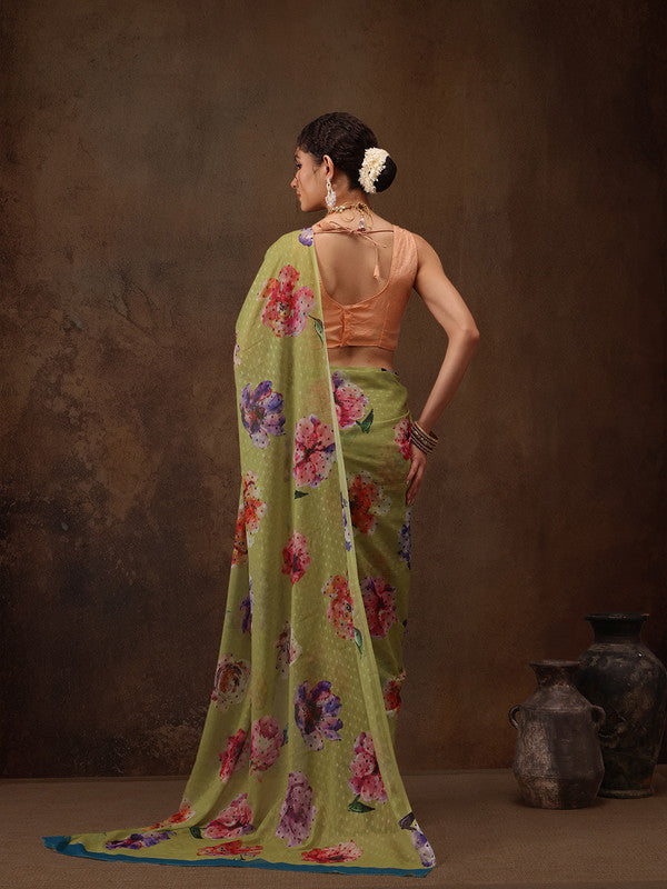Olive Chiffon Digital Print Floral Saree with Unstitched Blouse - Hiral Fashion | Swadesiicart