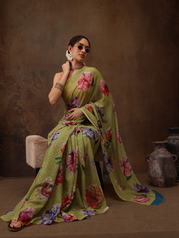 Olive Chiffon Digital Print Floral Saree with Unstitched Blouse - Hiral Fashion | Swadesiicart