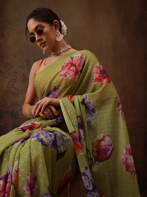 Olive Chiffon Digital Print Floral Saree with Unstitched Blouse - Hiral Fashion | Swadesiicart
