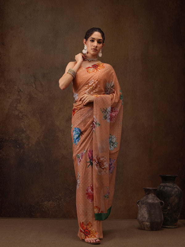 Peach Chiffon Digital Print Floral Saree with Unstitched Blouse - Hiral Fashion | Swadesiicart