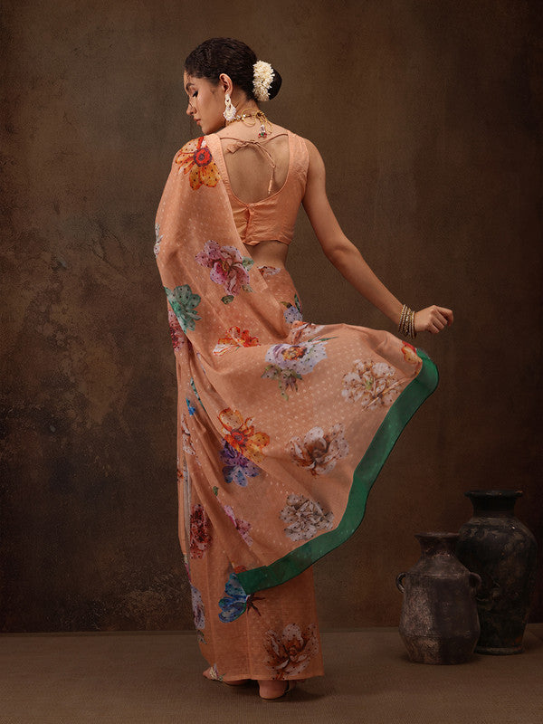 Peach Chiffon Digital Print Floral Saree with Unstitched Blouse - Hiral Fashion | Swadesiicart