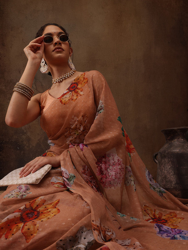 Peach Chiffon Digital Print Floral Saree with Unstitched Blouse - Hiral Fashion | Swadesiicart