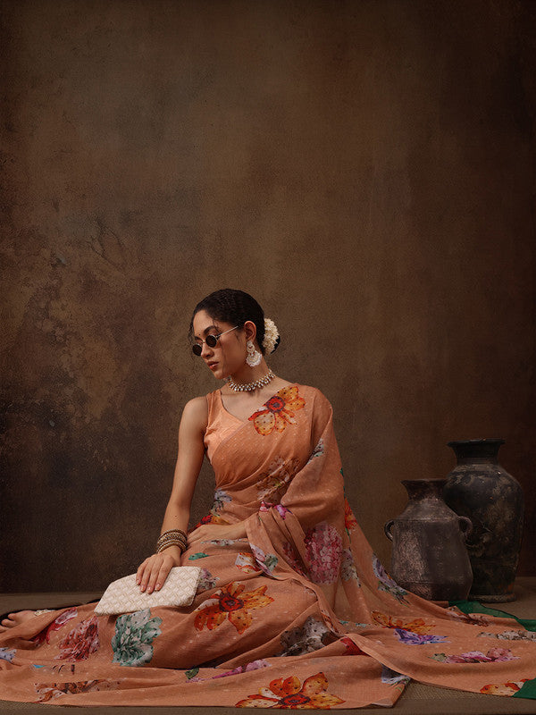 Peach Chiffon Digital Print Floral Saree with Unstitched Blouse - Hiral Fashion | Swadesiicart