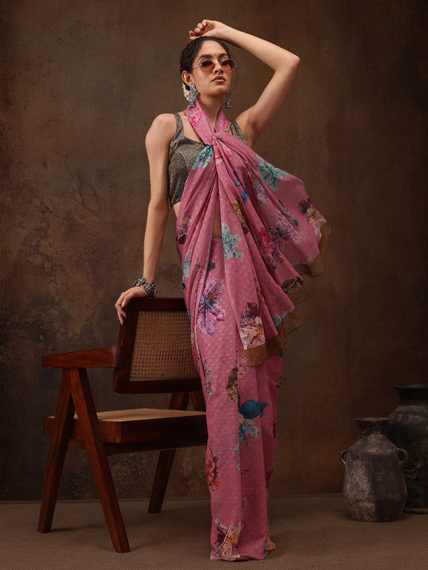 Pink Chiffon Digital Print Floral Saree with Unstitched Blouse - Hiral Fashion | Swadesiicart