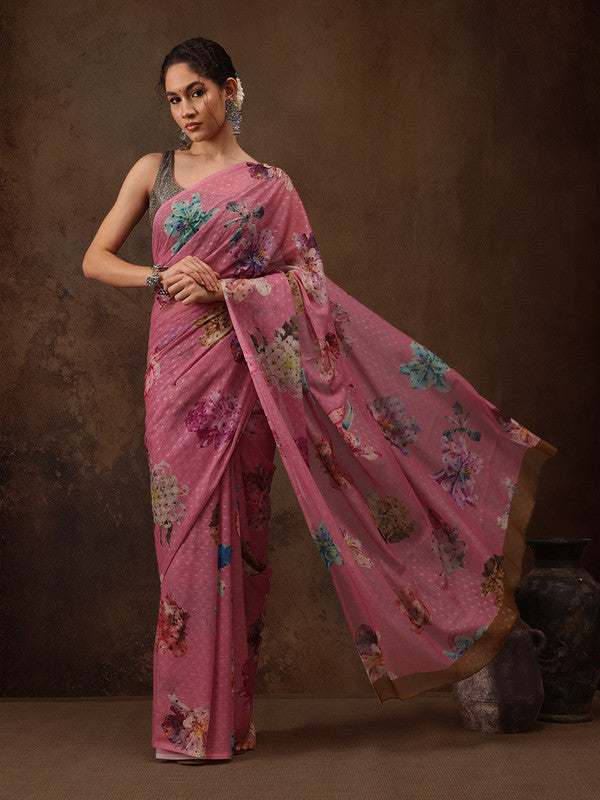 Pink Chiffon Digital Print Floral Saree with Unstitched Blouse - Hiral Fashion | Swadesiicart