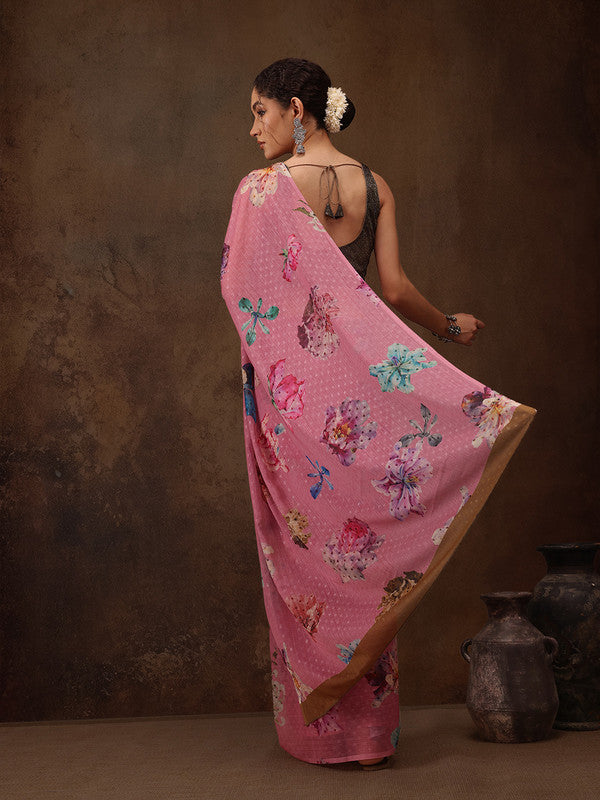 Pink Chiffon Digital Print Floral Saree with Unstitched Blouse - Hiral Fashion | Swadesiicart