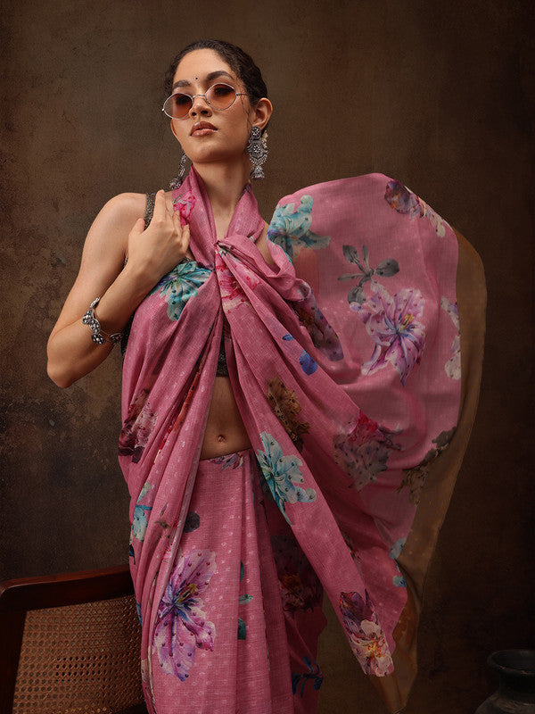 Pink Chiffon Digital Print Floral Saree with Unstitched Blouse - Hiral Fashion | Swadesiicart