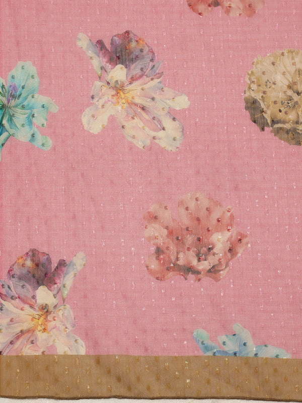Pink Chiffon Digital Print Floral Saree with Unstitched Blouse - Hiral Fashion | Swadesiicart