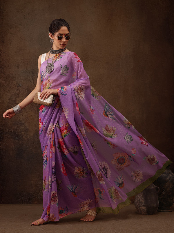 Purple Chiffon Digital Print Floral Saree with Unstitched Blouse - Hiral Fashion | Swadesiicart