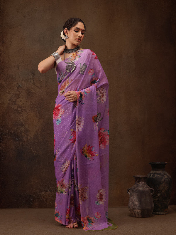 Purple Chiffon Digital Print Floral Saree with Unstitched Blouse - Hiral Fashion | Swadesiicart