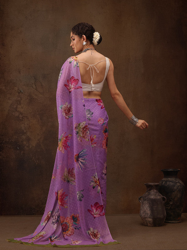 Purple Chiffon Digital Print Floral Saree with Unstitched Blouse - Hiral Fashion | Swadesiicart