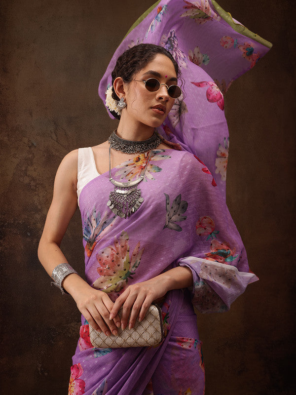 Purple Chiffon Digital Print Floral Saree with Unstitched Blouse - Hiral Fashion | Swadesiicart