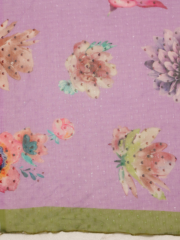 Purple Chiffon Digital Print Floral Saree with Unstitched Blouse - Hiral Fashion | Swadesiicart