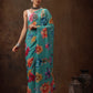 Turquoise Chiffon Digital Print Floral Saree with Unstitched Blouse - Hiral Fashion | Swadesiicart