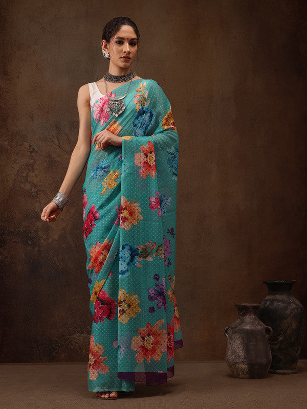 Turquoise Chiffon Digital Print Floral Saree with Unstitched Blouse - Hiral Fashion | Swadesiicart